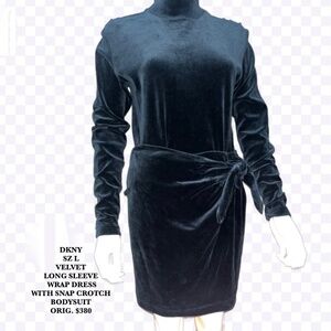 DKNY SZ L BLK VELVET LONG SLEEVE WRAP DRESS WITH SNAP CROTCH BODYSUIT ORIG. $380